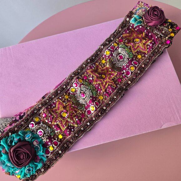 Handmade Rose Bead Embroidered Ornate 1920s-Style Belt Sash Handmade Roses main image 4